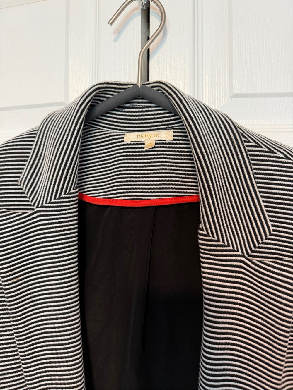 Matty M Black & White Striped Blazer with Red Accent